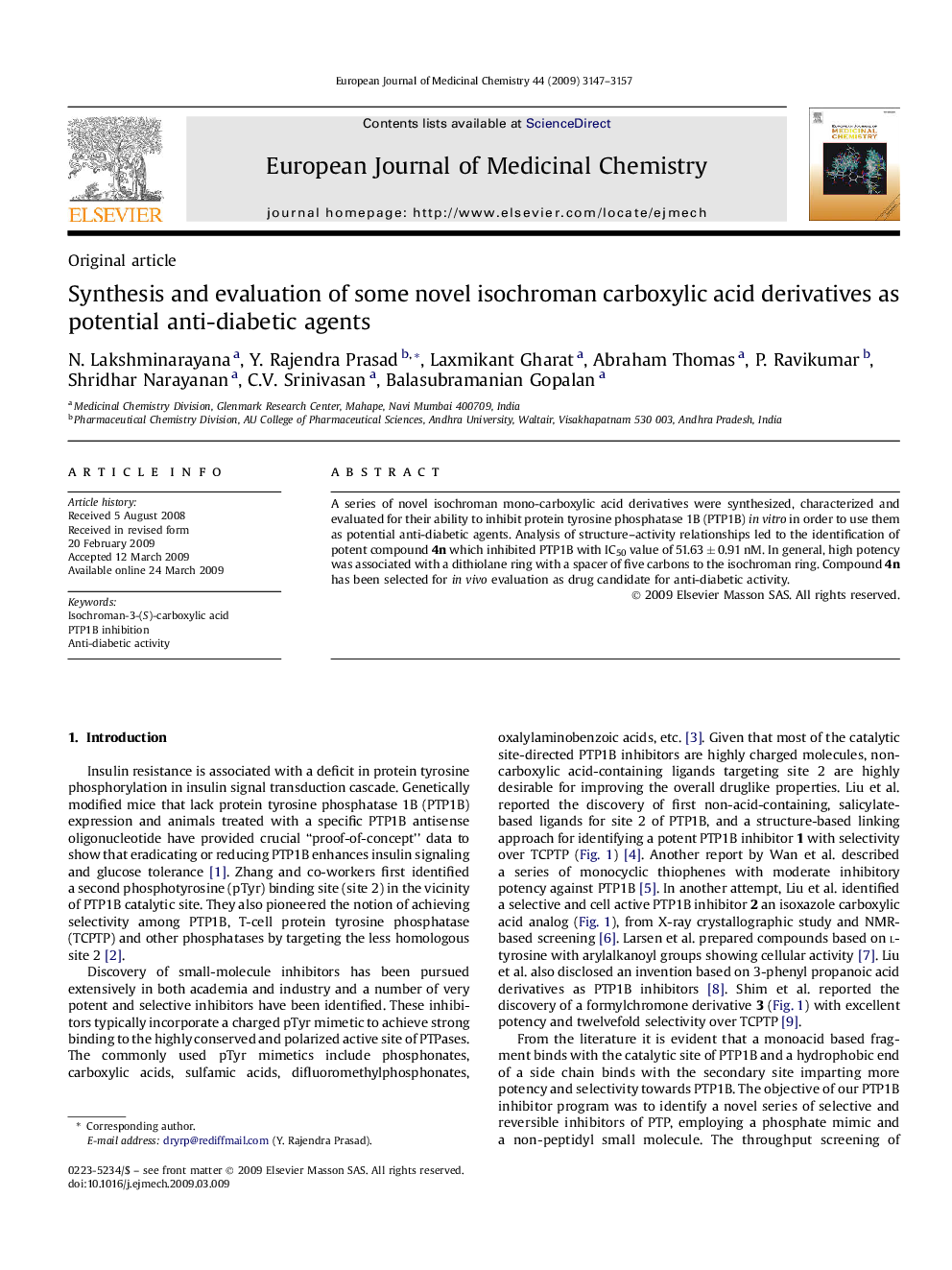 Synthesis and evaluation of some novel isochroman carboxylic acid derivatives as potential anti-diabetic agents