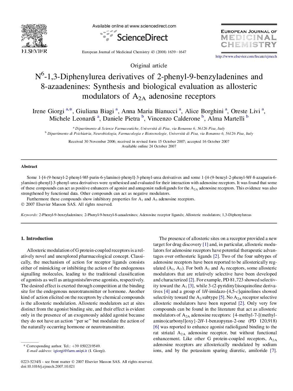 N6-1,3-Diphenylurea derivatives of 2-phenyl-9-benzyladenines and 8-azaadenines: Synthesis and biological evaluation as allosteric modulators of A2A adenosine receptors