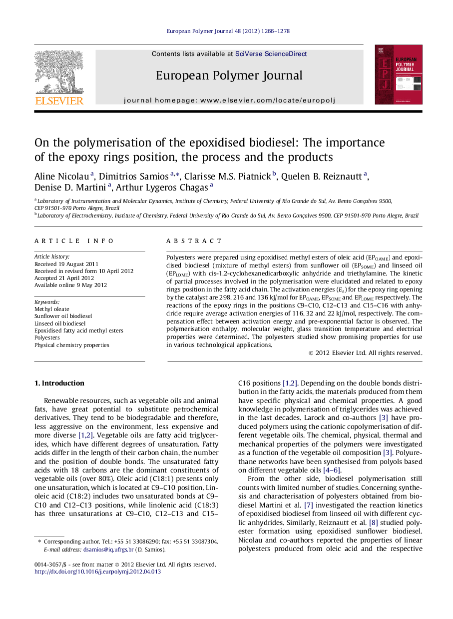 On the polymerisation of the epoxidised biodiesel: The importance of the epoxy rings position, the process and the products