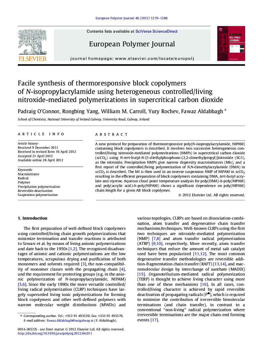 Facile synthesis of thermoresponsive block copolymers of N-isopropylacrylamide using heterogeneous controlled/living nitroxide-mediated polymerizations in supercritical carbon dioxide