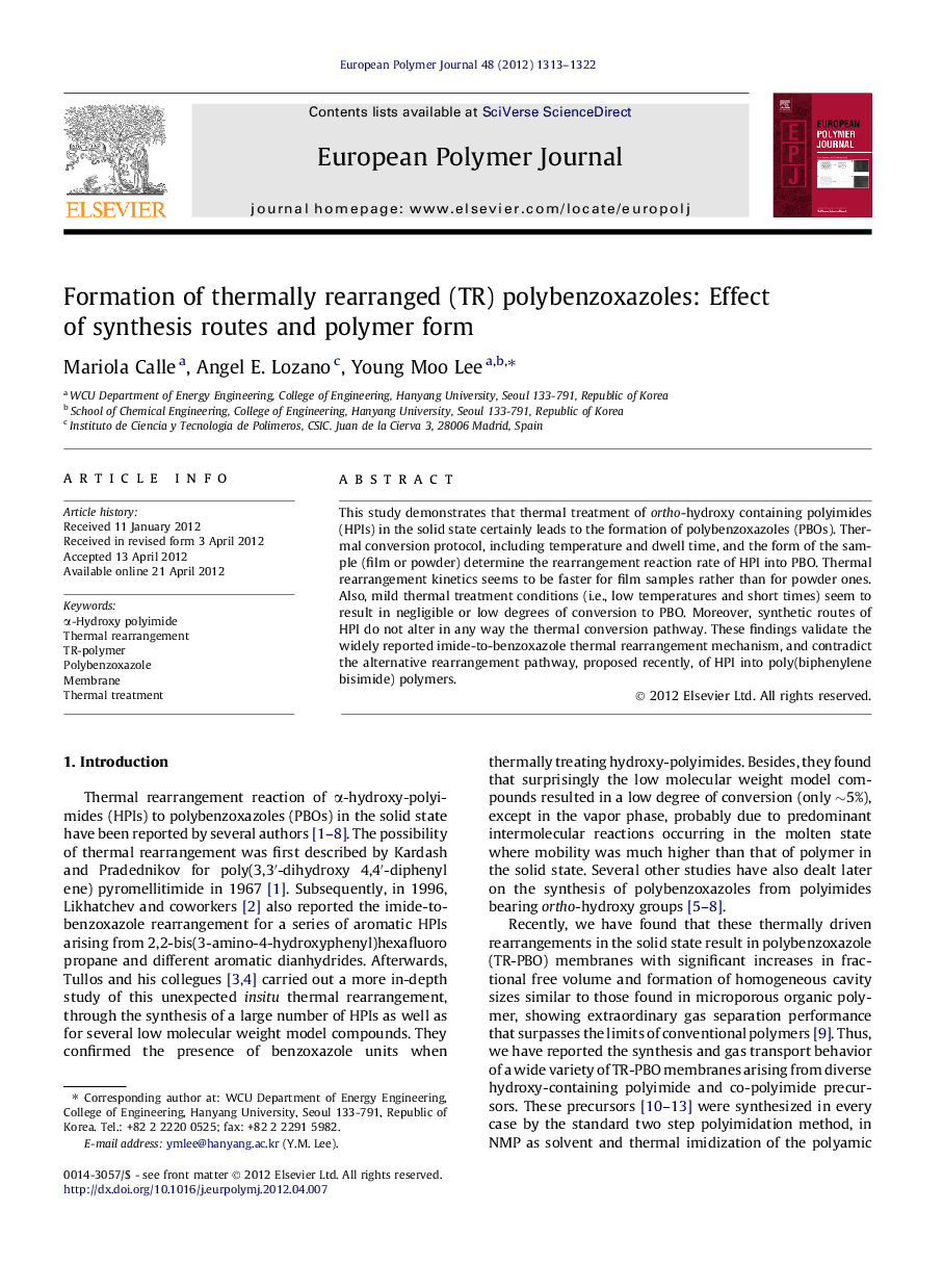 Formation of thermally rearranged (TR) polybenzoxazoles: Effect of synthesis routes and polymer form