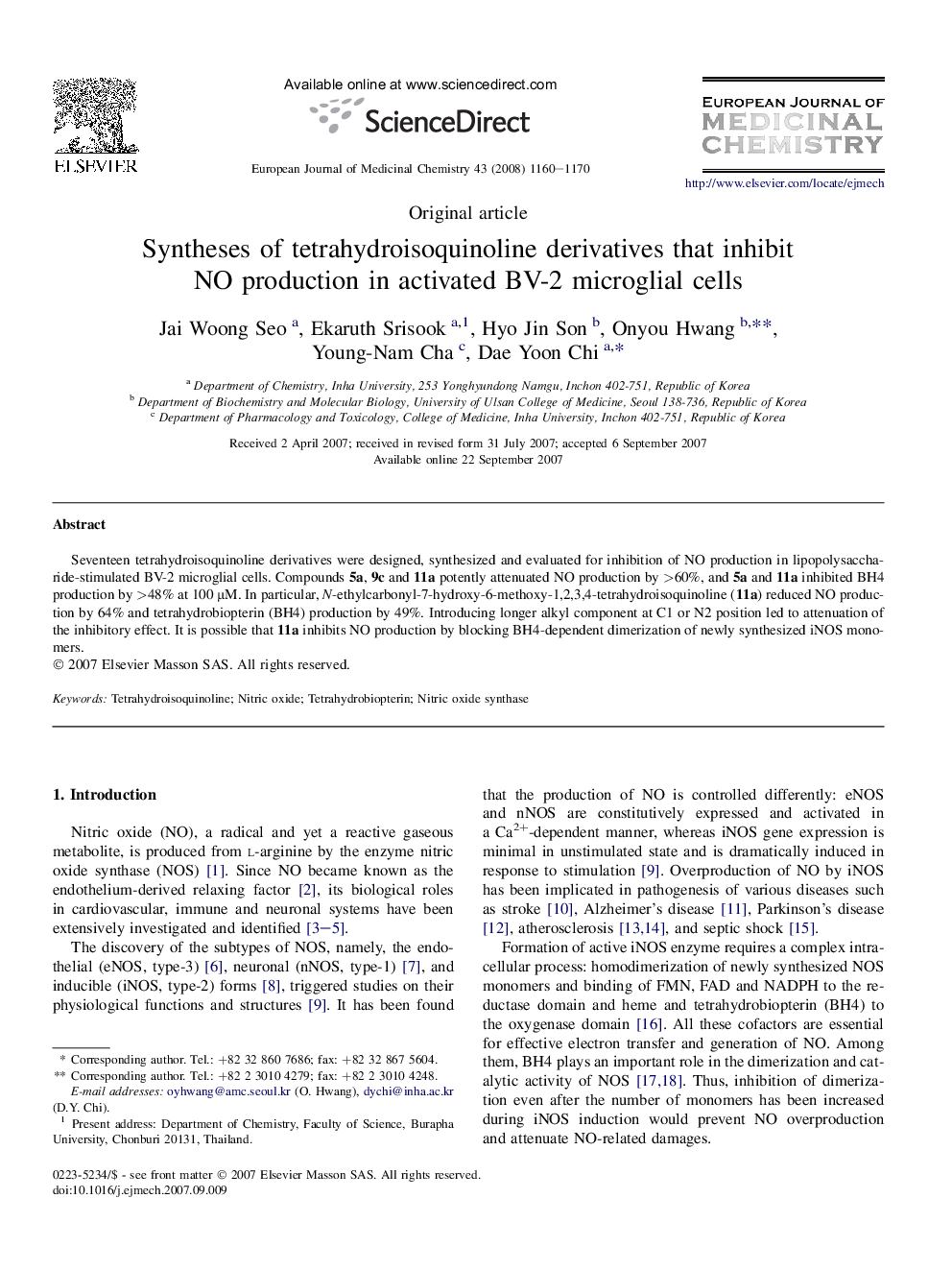 Syntheses of tetrahydroisoquinoline derivatives that inhibit NO production in activated BV-2 microglial cells