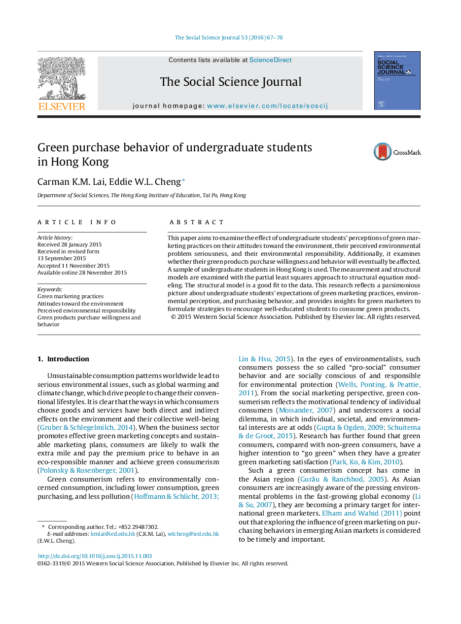 Green purchase behavior of undergraduate students in Hong Kong