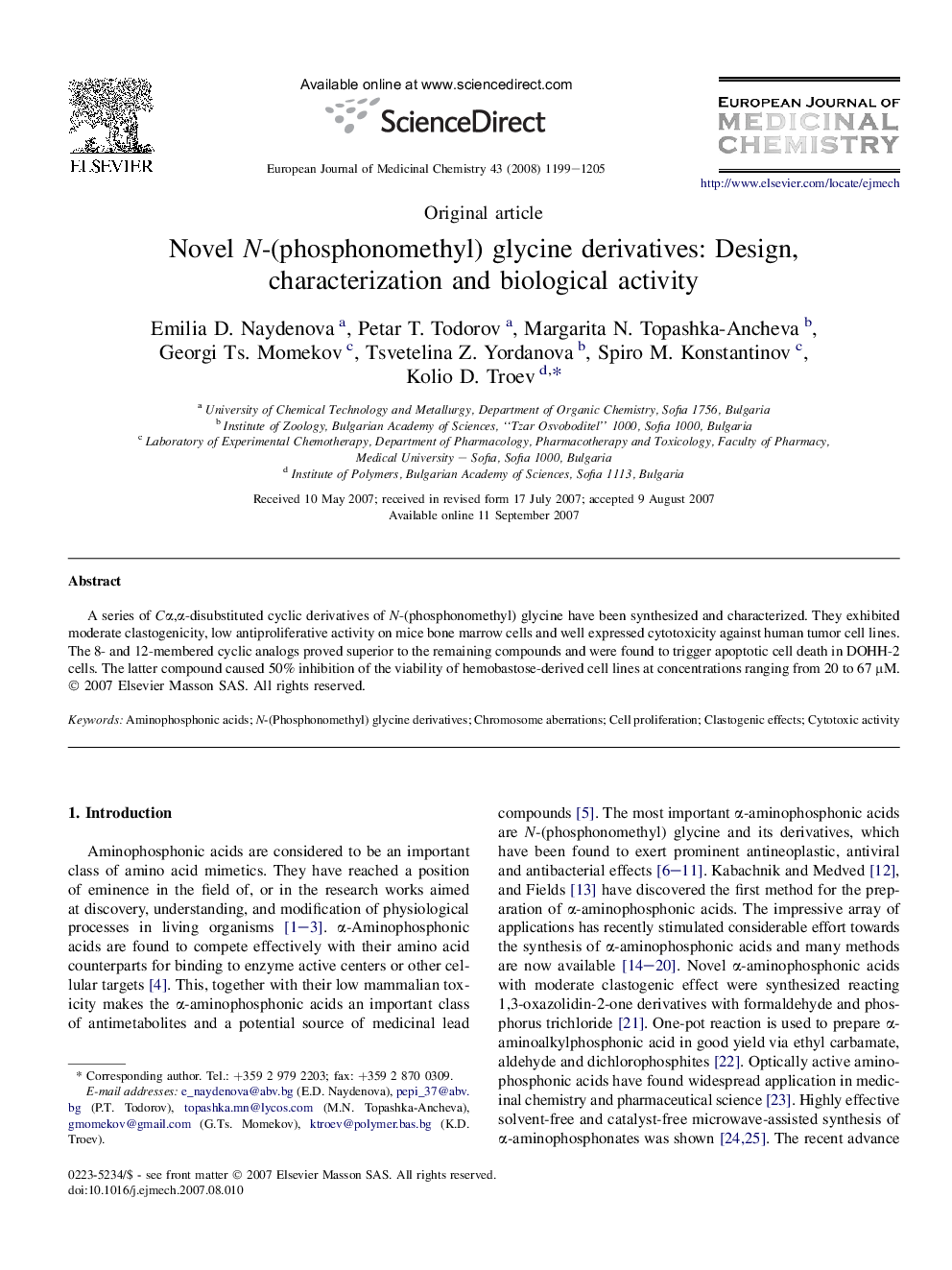 Novel N-(phosphonomethyl) glycine derivatives: Design, characterization and biological activity