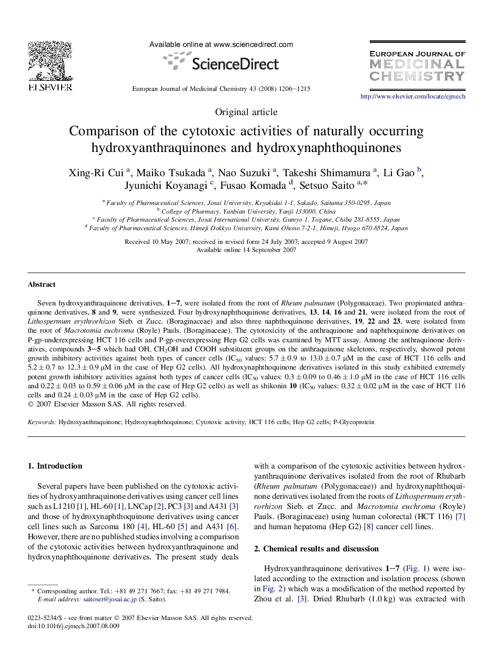 Comparison of the cytotoxic activities of naturally occurring hydroxyanthraquinones and hydroxynaphthoquinones