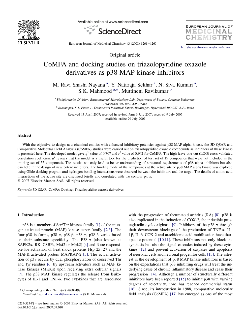 CoMFA and docking studies on triazolopyridine oxazole derivatives as p38 MAP kinase inhibitors