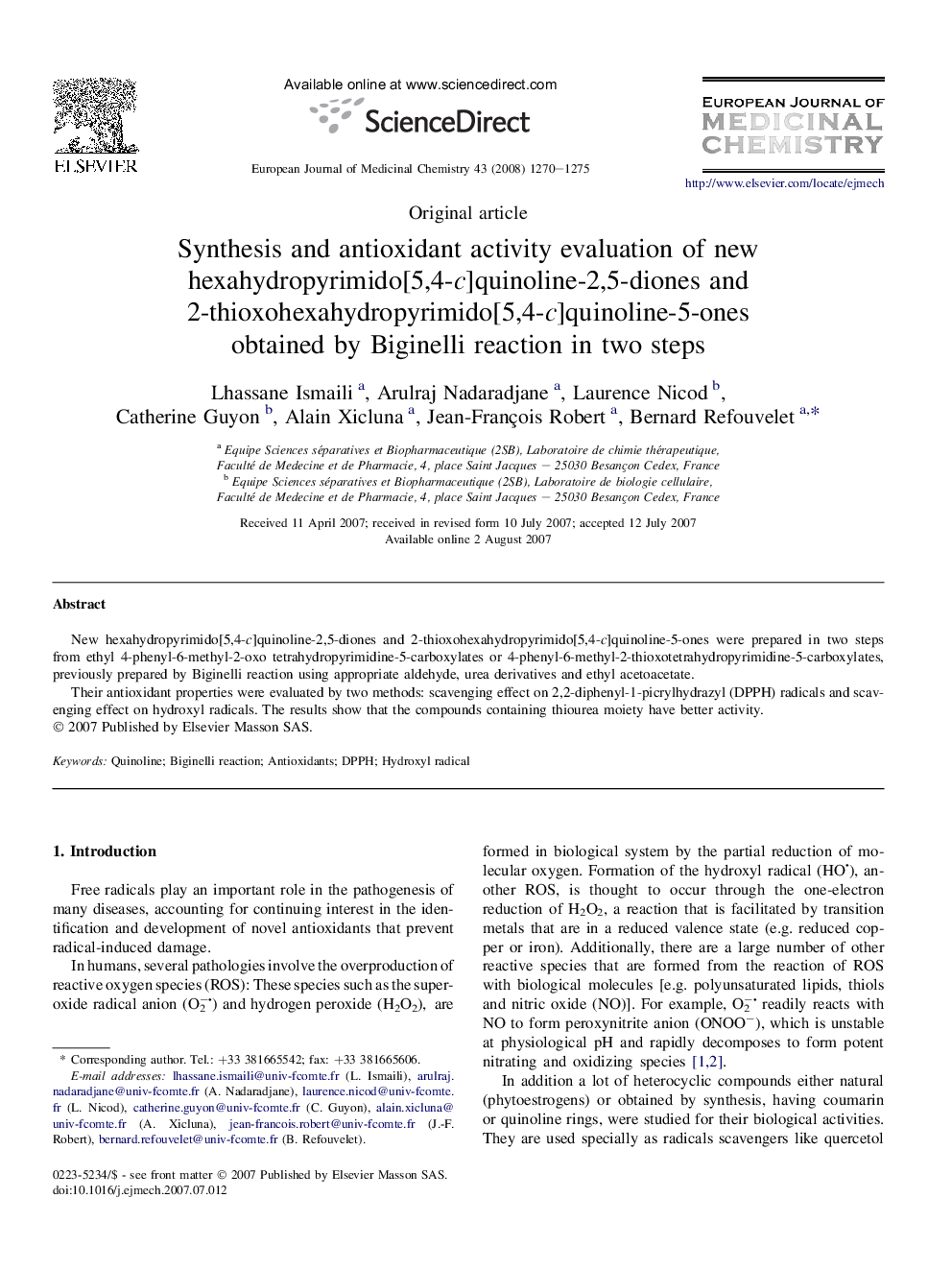 Synthesis and antioxidant activity evaluation of new hexahydropyrimido[5,4-c]quinoline-2,5-diones and 2-thioxohexahydropyrimido[5,4-c]quinoline-5-ones obtained by Biginelli reaction in two steps