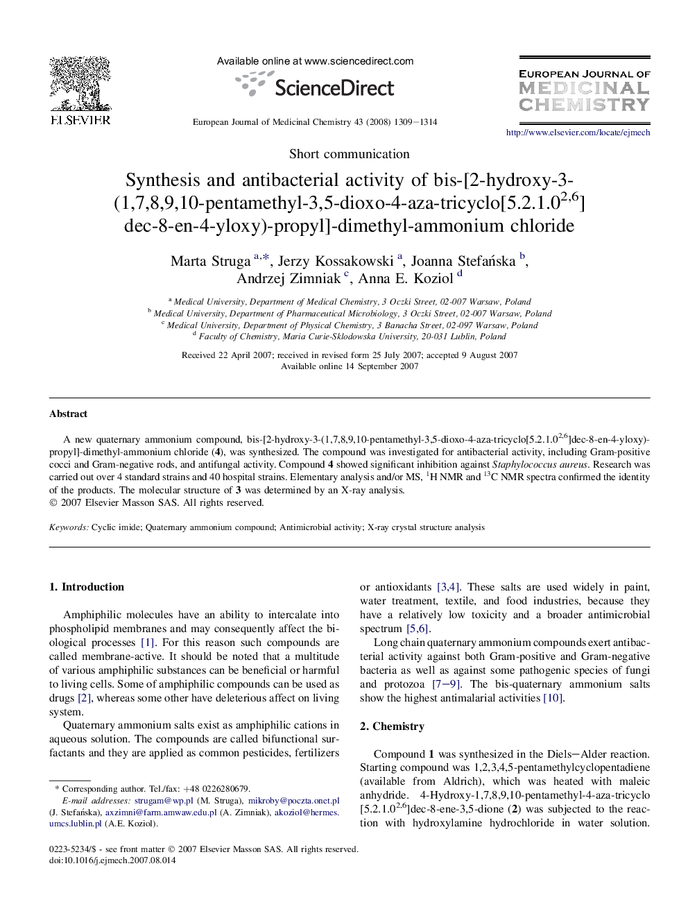 Synthesis and antibacterial activity of bis-[2-hydroxy-3-(1,7,8,9,10-pentamethyl-3,5-dioxo-4-aza-tricyclo[5.2.1.02,6]dec-8-en-4-yloxy)-propyl]-dimethyl-ammonium chloride