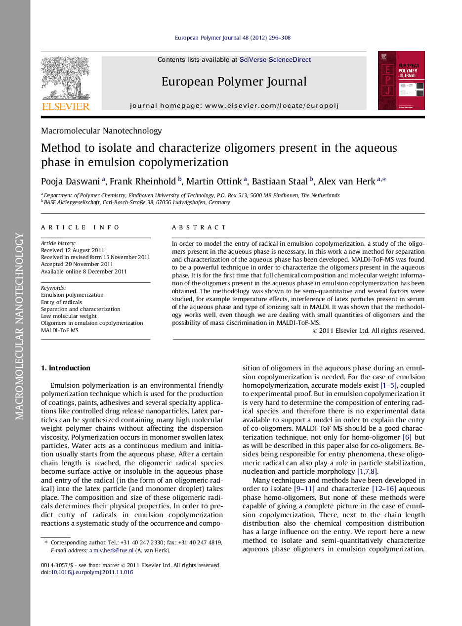 Method to isolate and characterize oligomers present in the aqueous phase in emulsion copolymerization