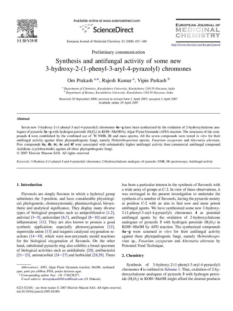 Synthesis and antifungal activity of some new 3-hydroxy-2-(1-phenyl-3-aryl-4-pyrazolyl) chromones