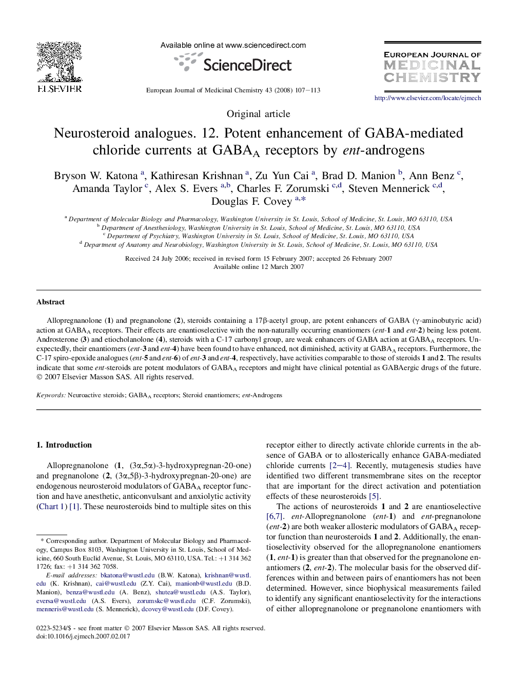 Neurosteroid analogues. 12. Potent enhancement of GABA-mediated chloride currents at GABAA receptors by ent-androgens