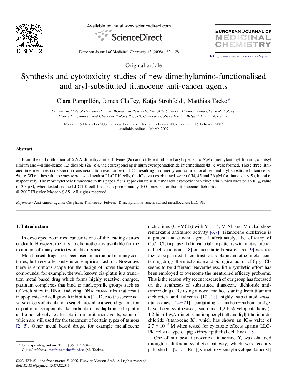 Synthesis and cytotoxicity studies of new dimethylamino-functionalised and aryl-substituted titanocene anti-cancer agents