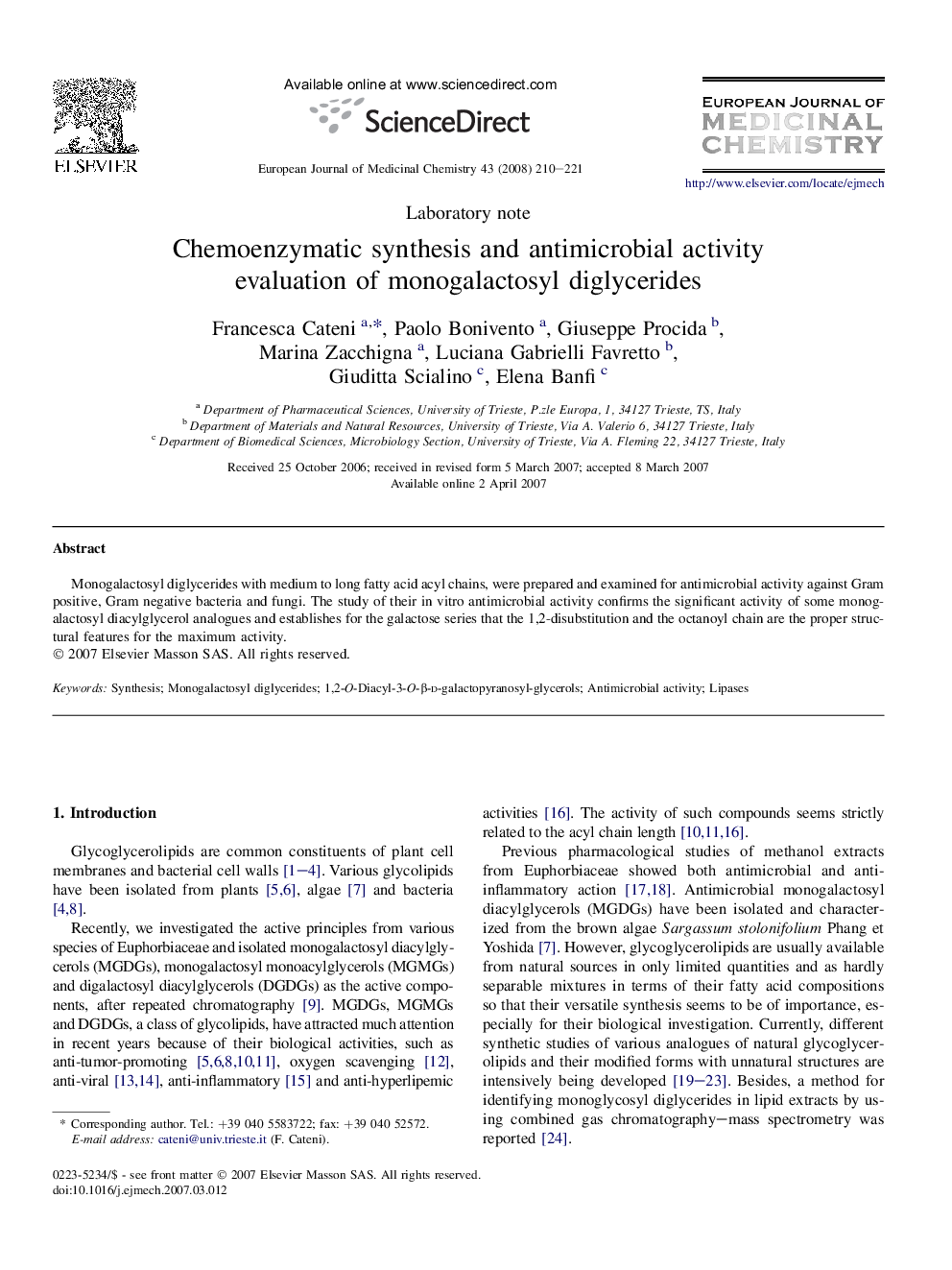 Chemoenzymatic synthesis and antimicrobial activity evaluation of monogalactosyl diglycerides