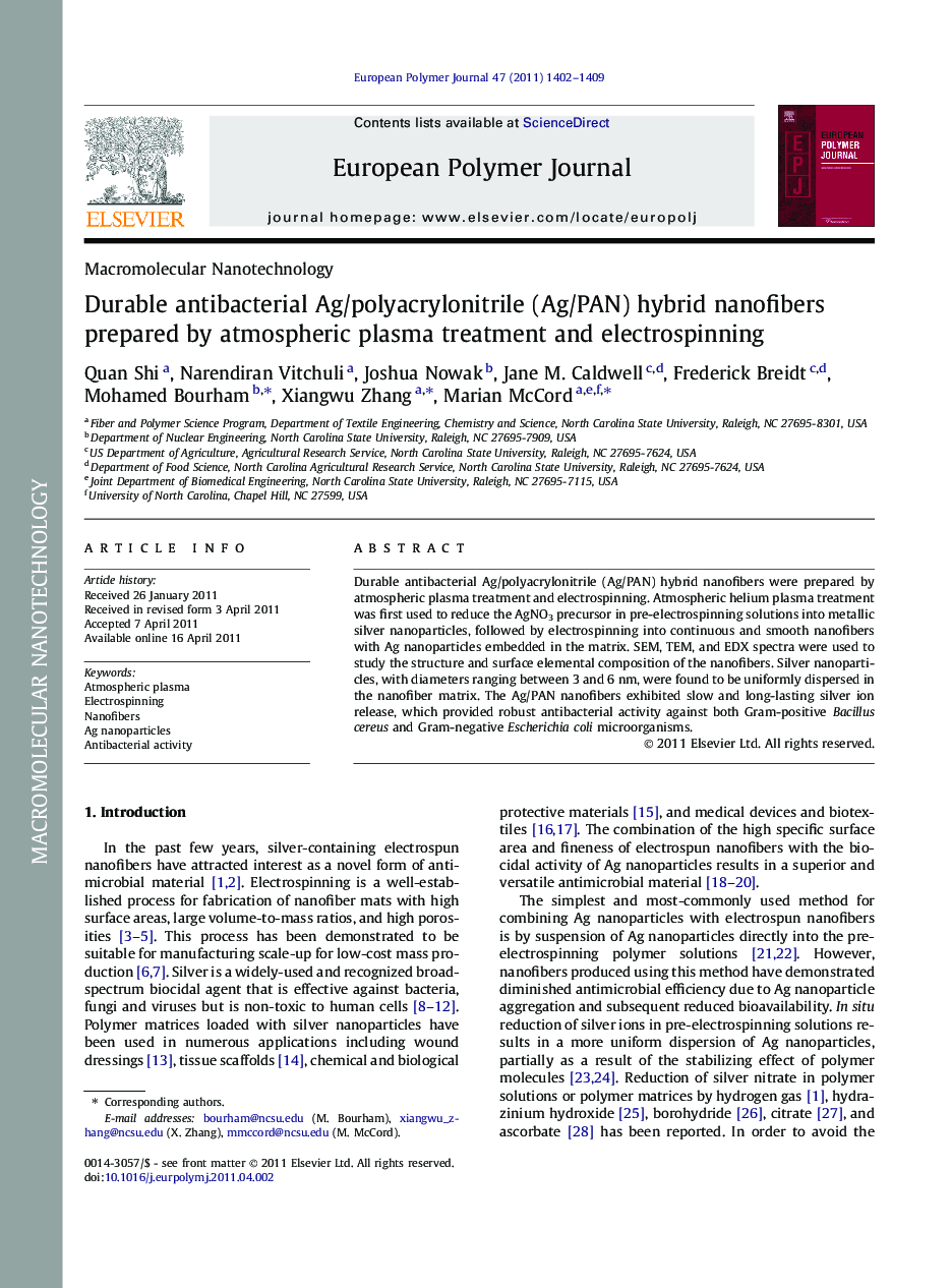 Durable antibacterial Ag/polyacrylonitrile (Ag/PAN) hybrid nanofibers prepared by atmospheric plasma treatment and electrospinning