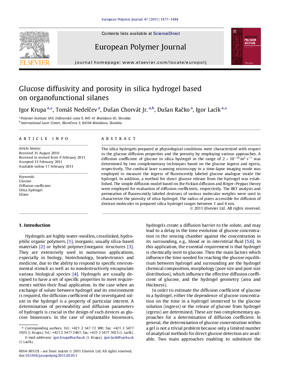 Glucose diffusivity and porosity in silica hydrogel based on organofunctional silanes