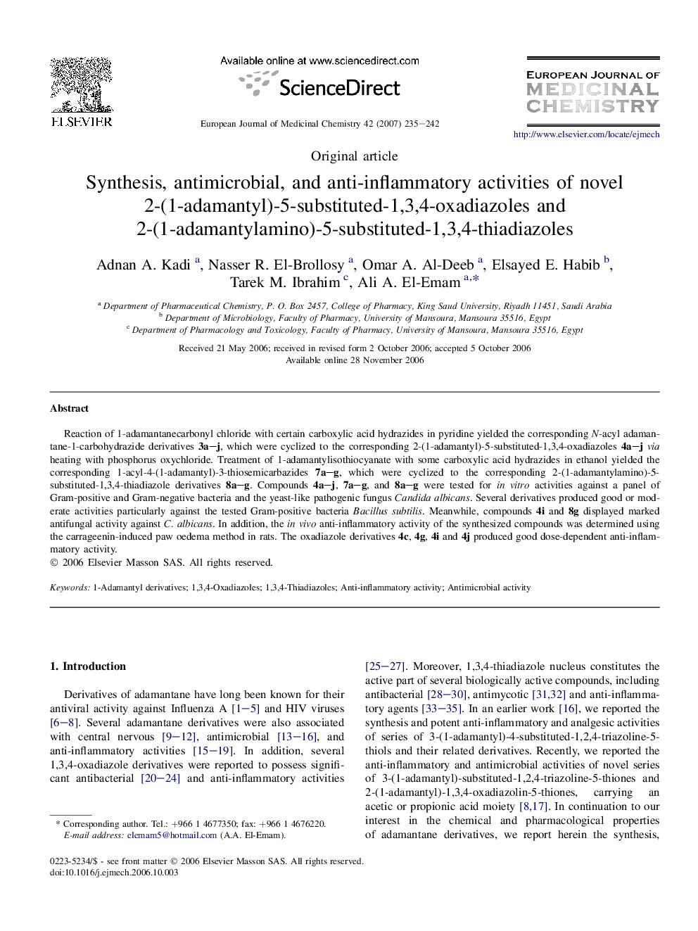 Synthesis, antimicrobial, and anti-inflammatory activities of novel 2-(1-adamantyl)-5-substituted-1,3,4-oxadiazoles and 2-(1-adamantylamino)-5-substituted-1,3,4-thiadiazoles