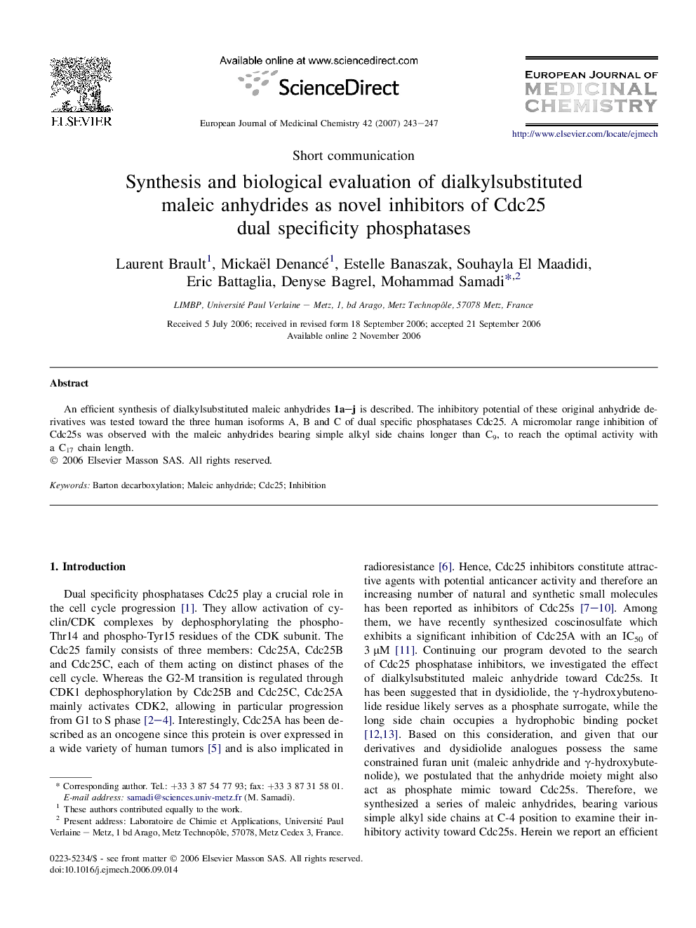 Synthesis and biological evaluation of dialkylsubstituted maleic anhydrides as novel inhibitors of Cdc25 dual specificity phosphatases