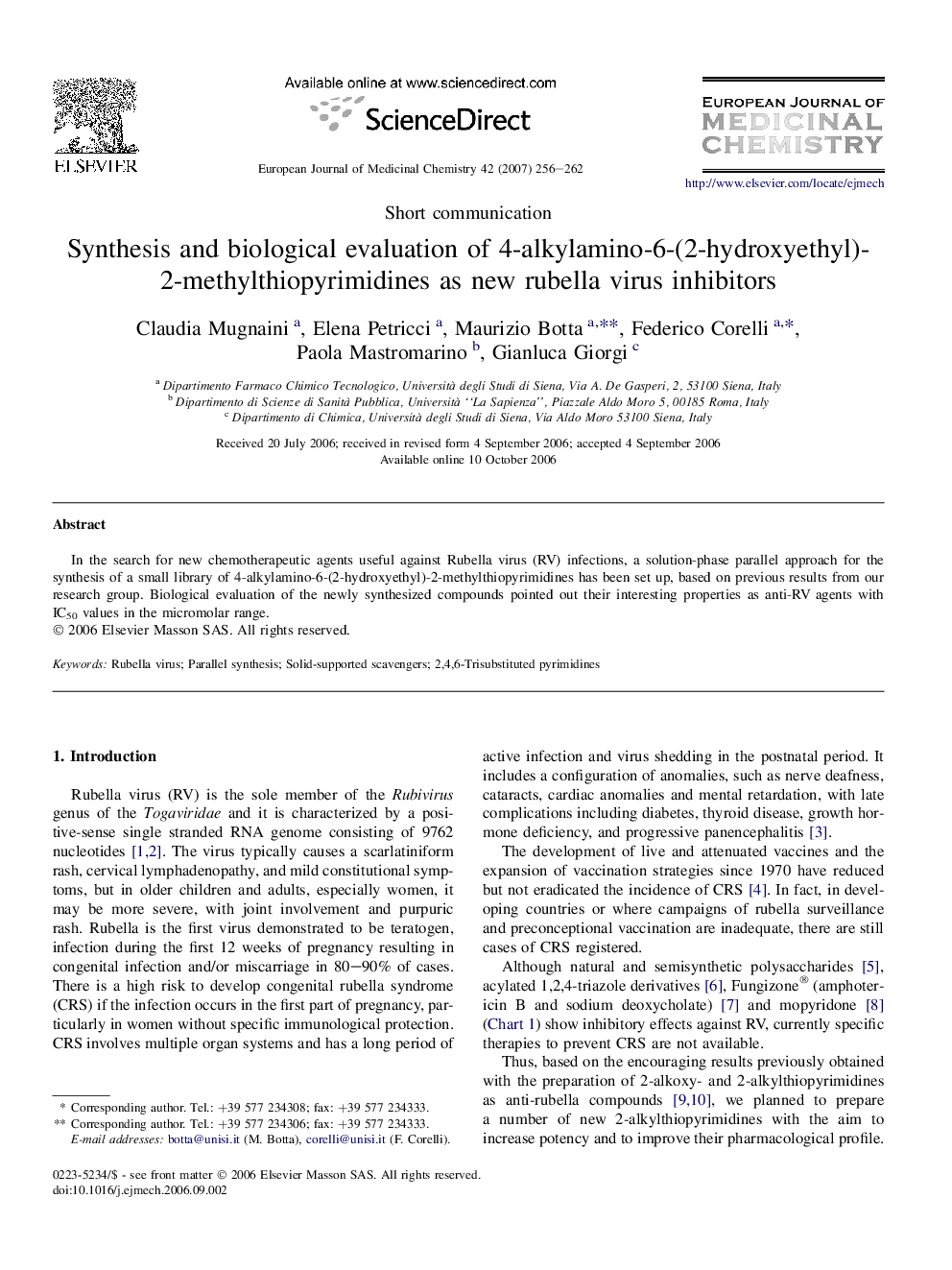 Synthesis and biological evaluation of 4-alkylamino-6-(2-hydroxyethyl)-2-methylthiopyrimidines as new rubella virus inhibitors