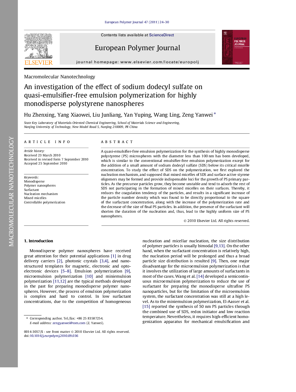 An investigation of the effect of sodium dodecyl sulfate on quasi-emulsifier-free emulsion polymerization for highly monodisperse polystyrene nanospheres