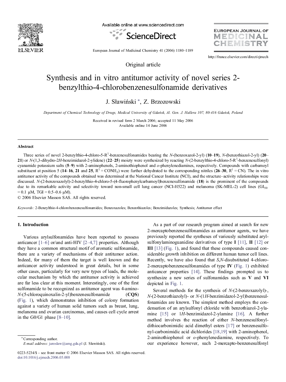 Synthesis and in vitro antitumor activity of novel series 2-benzylthio-4-chlorobenzenesulfonamide derivatives