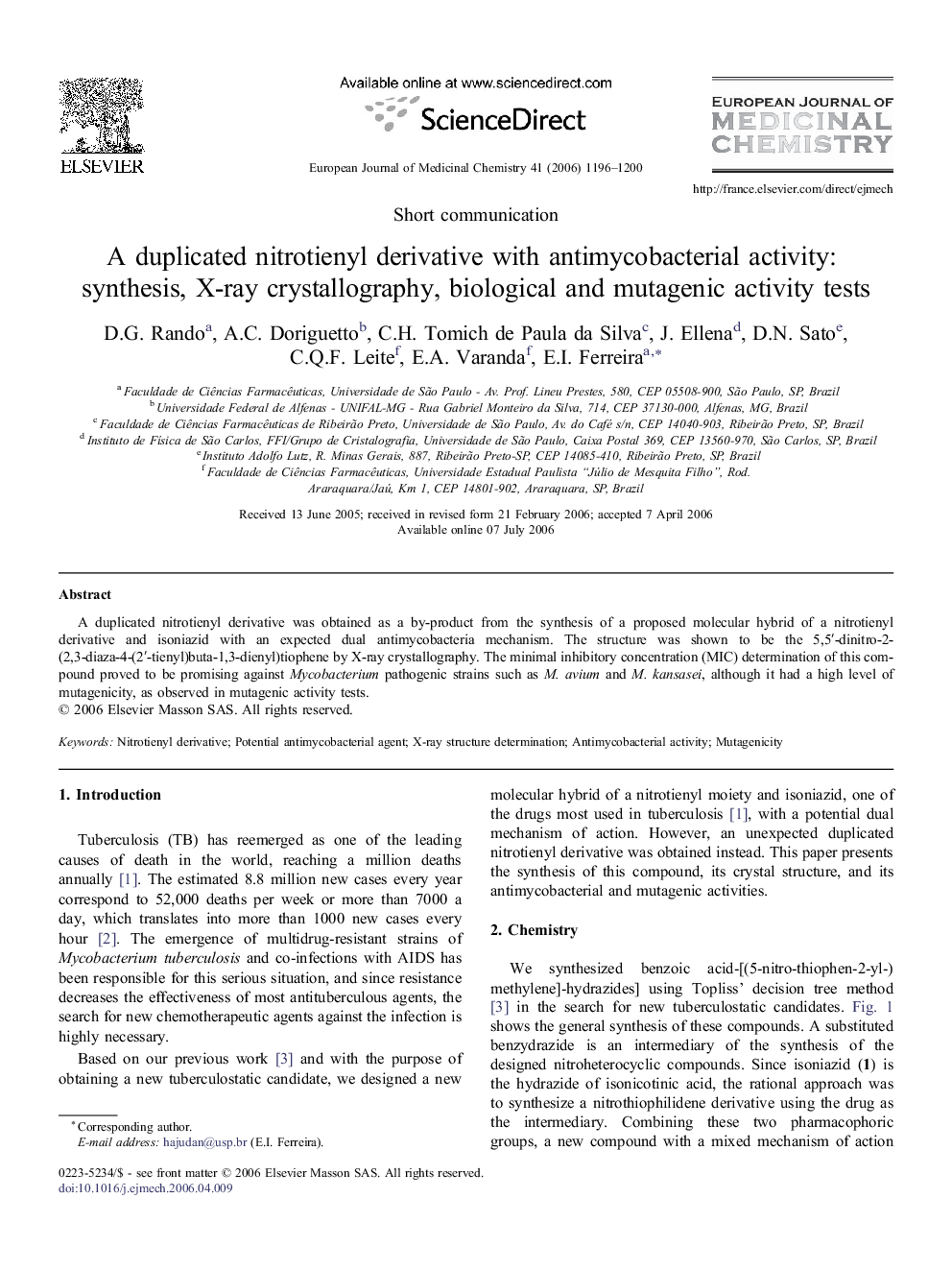 A duplicated nitrotienyl derivative with antimycobacterial activity: synthesis, X-ray crystallography, biological and mutagenic activity tests