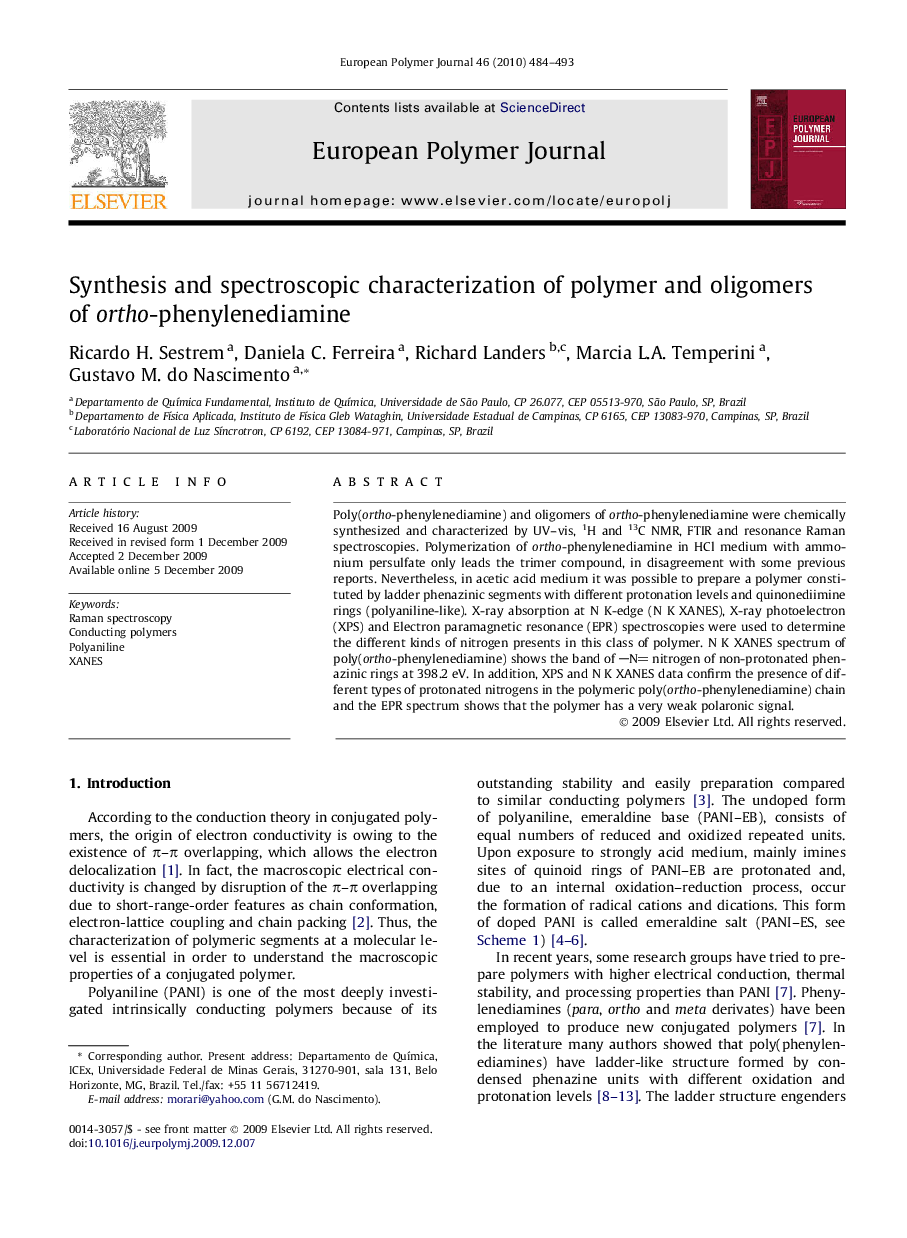 Synthesis and spectroscopic characterization of polymer and oligomers of ortho-phenylenediamine