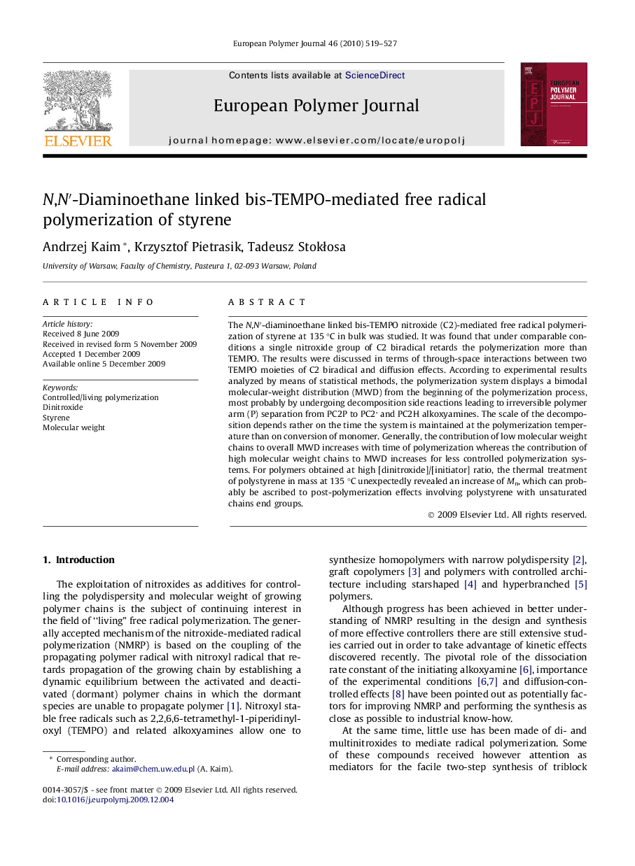 N,N′-Diaminoethane linked bis-TEMPO-mediated free radical polymerization of styrene