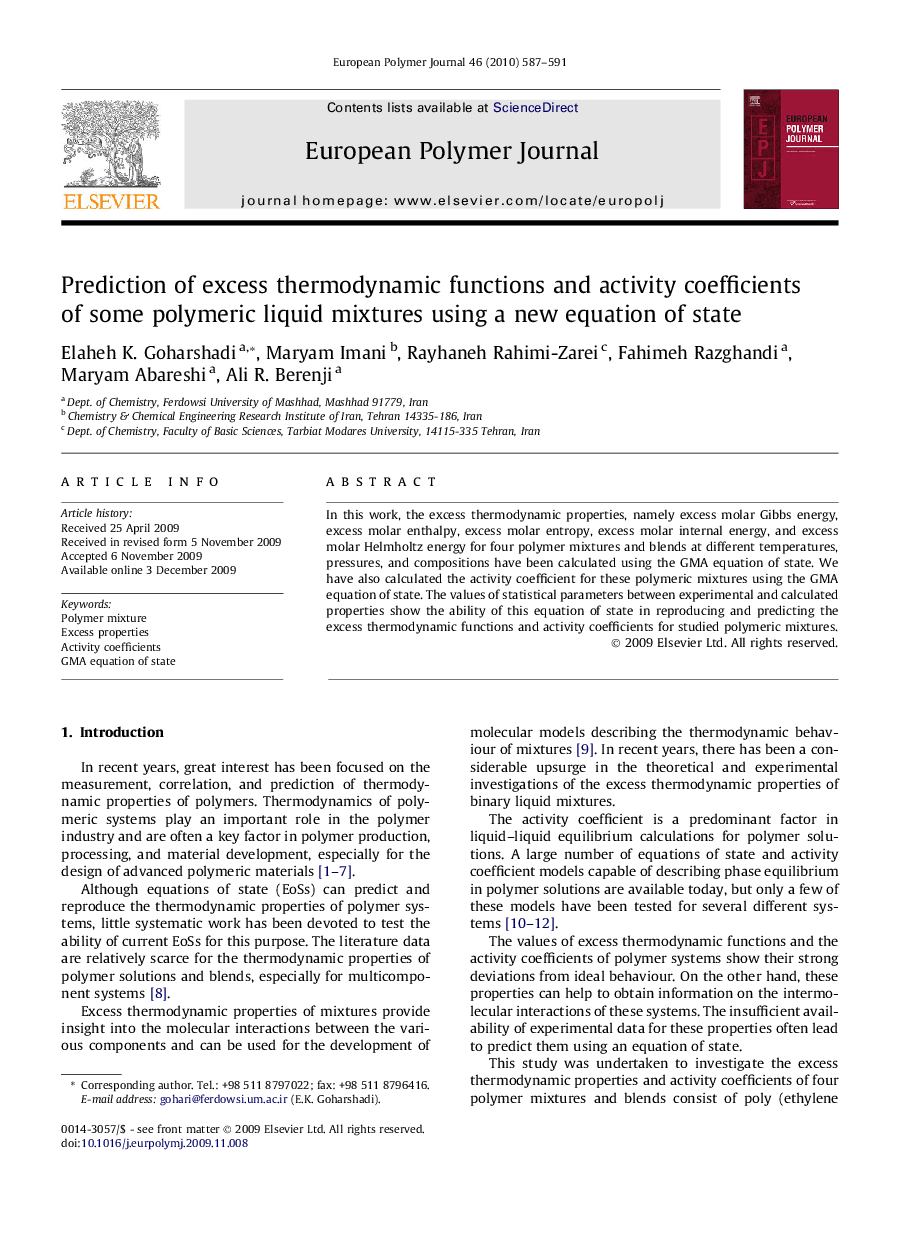 Prediction of excess thermodynamic functions and activity coefficients of some polymeric liquid mixtures using a new equation of state