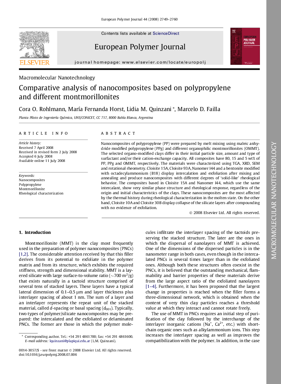 Comparative analysis of nanocomposites based on polypropylene and different montmorillonites