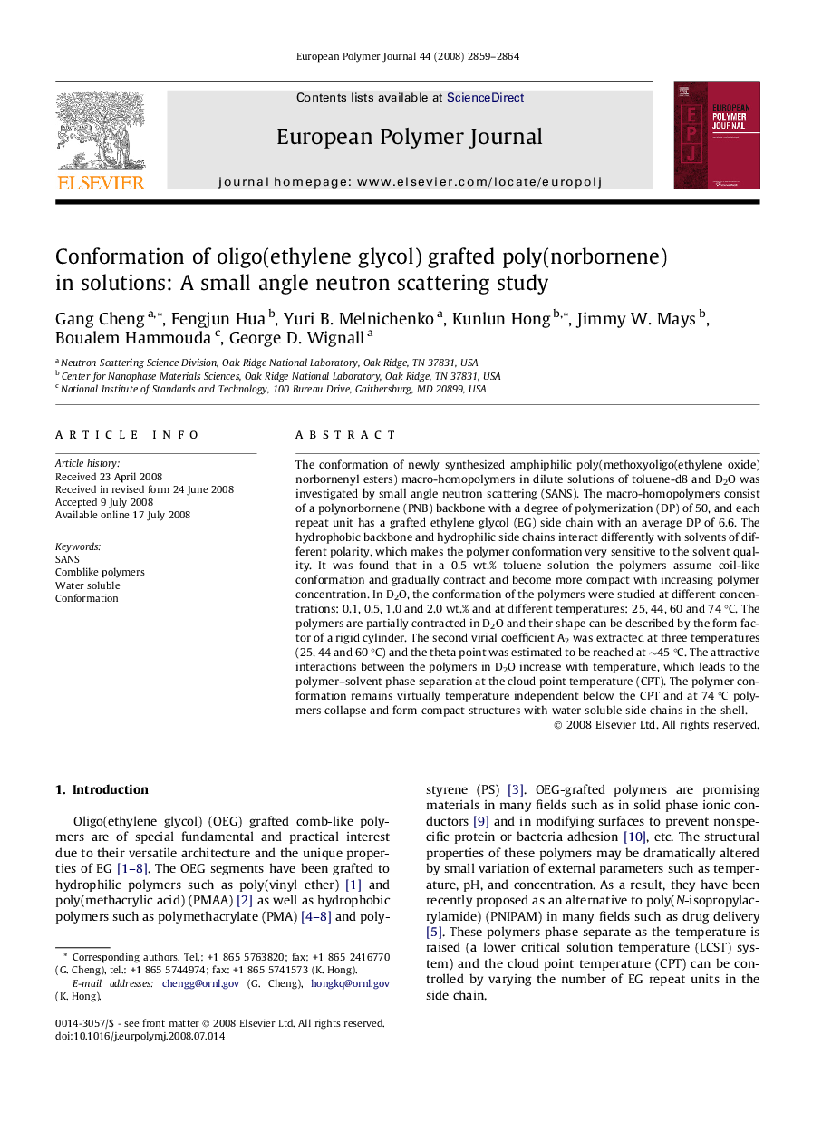 Conformation of oligo(ethylene glycol) grafted poly(norbornene) in solutions: A small angle neutron scattering study