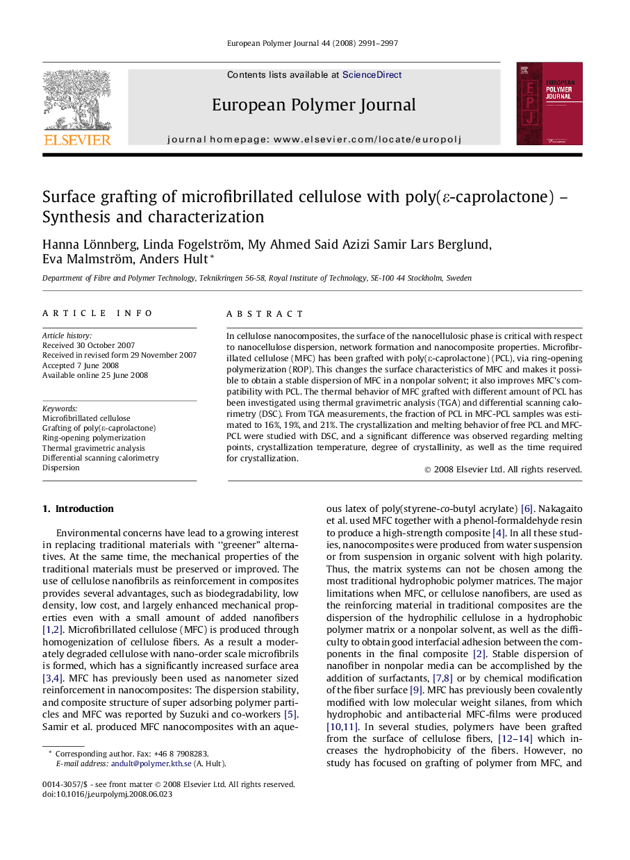 Surface grafting of microfibrillated cellulose with poly(ε-caprolactone) – Synthesis and characterization