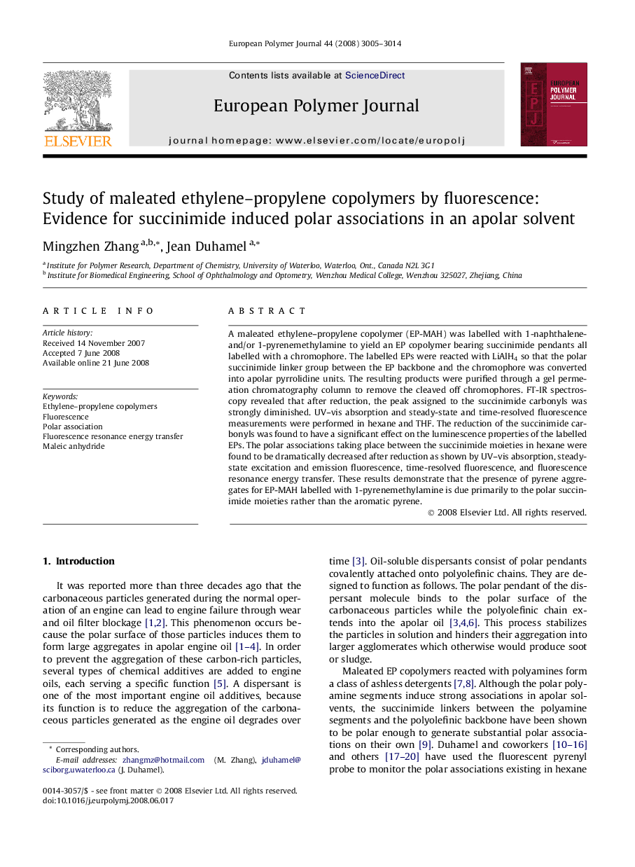 Study of maleated ethylene–propylene copolymers by fluorescence: Evidence for succinimide induced polar associations in an apolar solvent