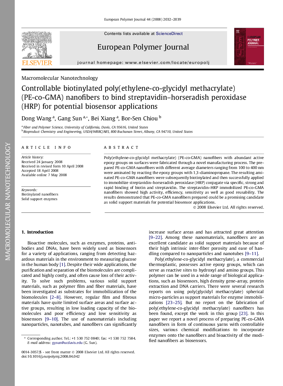 عکس صفحه اول مقاله: Controllable biotinylated poly(ethylene-co-glycidyl methacrylate) (PE-co-GMA) nanofibers to bind streptavidin–horseradish peroxidase (HRP) for potential biosensor applications Controllable biotinylated poly(ethylene-co-glycidyl methacrylate) (PE-co-GMA) nanofibers to bind streptavidin–horseradish peroxidase (HRP) for potential biosensor applications