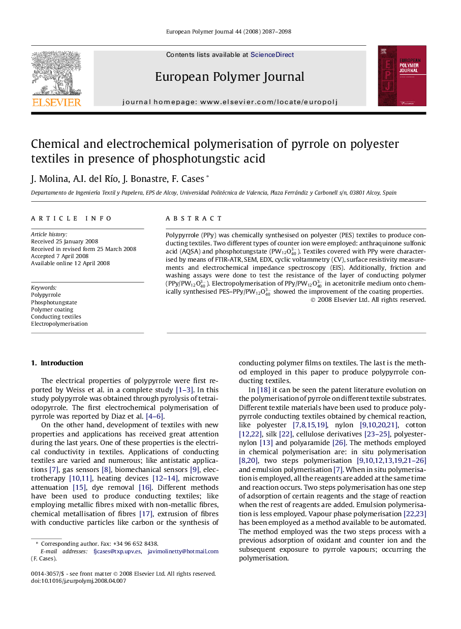 Chemical and electrochemical polymerisation of pyrrole on polyester textiles in presence of phosphotungstic acid