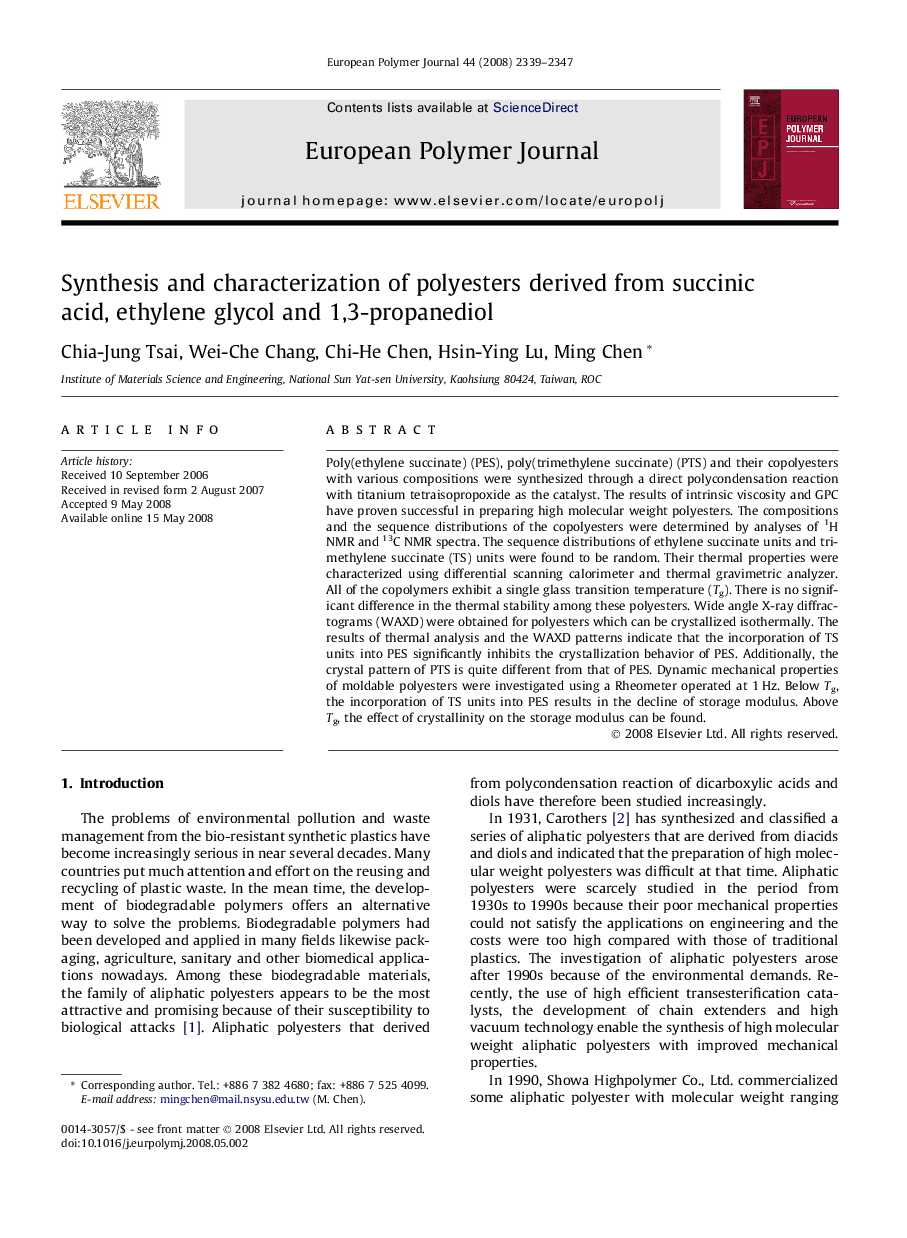 عکس صفحه اول مقاله: Synthesis and characterization of polyesters derived from succinic acid, ethylene glycol and 1,3-propanediol Synthesis and characterization of polyesters derived from succinic acid, ethylene glycol and 1,3-propanediol