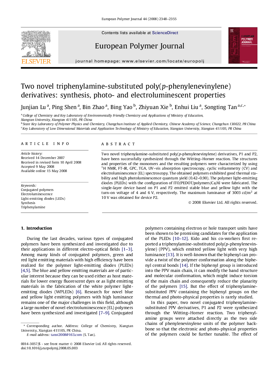 Two novel triphenylamine-substituted poly(p-phenylenevinylene) derivatives: synthesis, photo- and electroluminescent properties