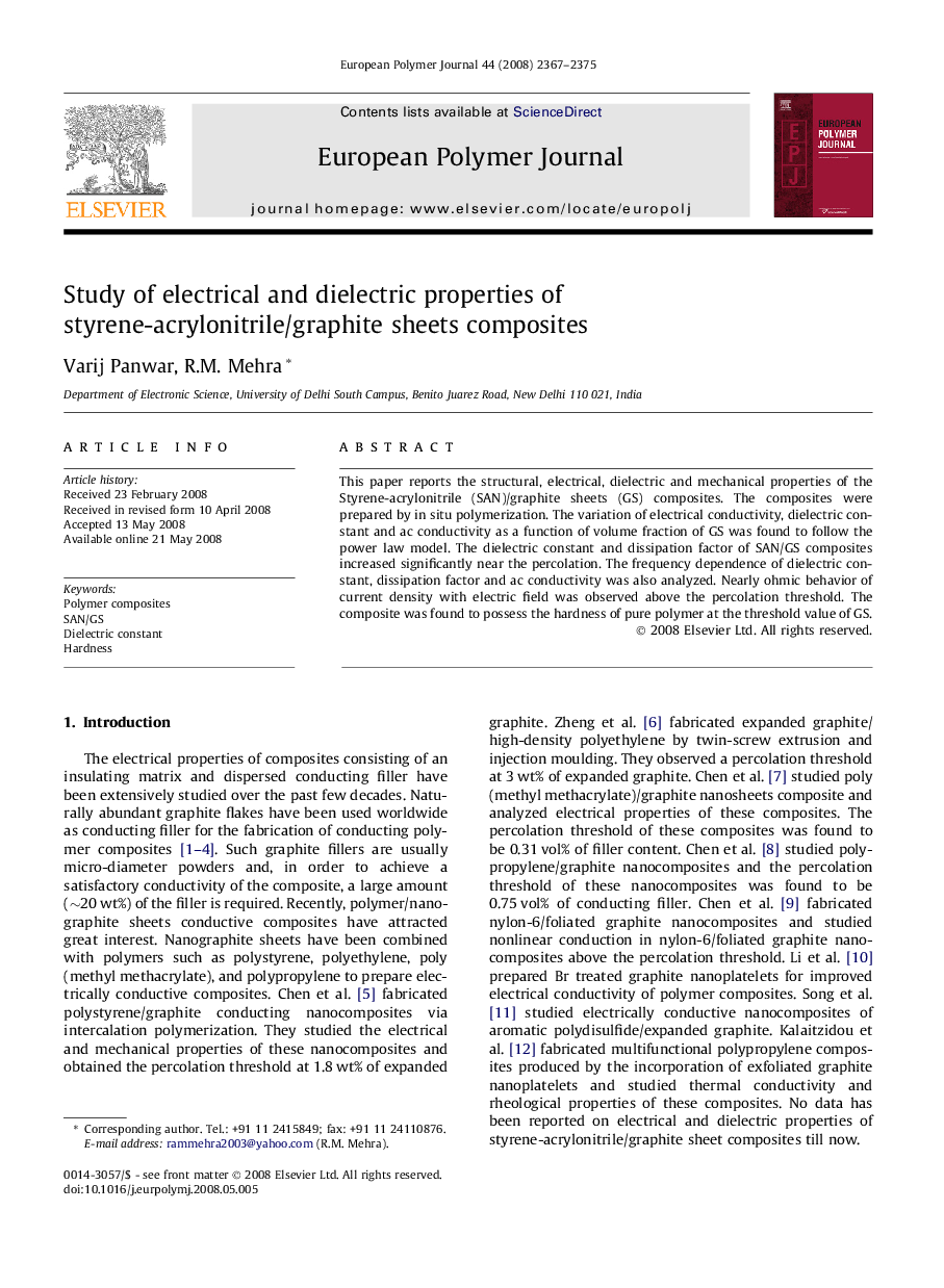 Study of electrical and dielectric properties of styrene-acrylonitrile/graphite sheets composites