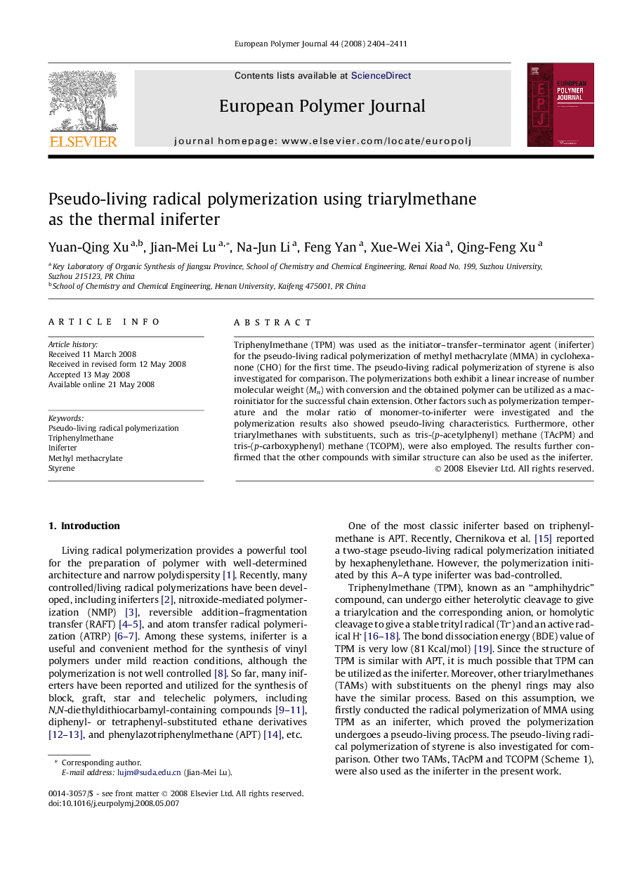 Pseudo-living radical polymerization using triarylmethane as the thermal iniferter