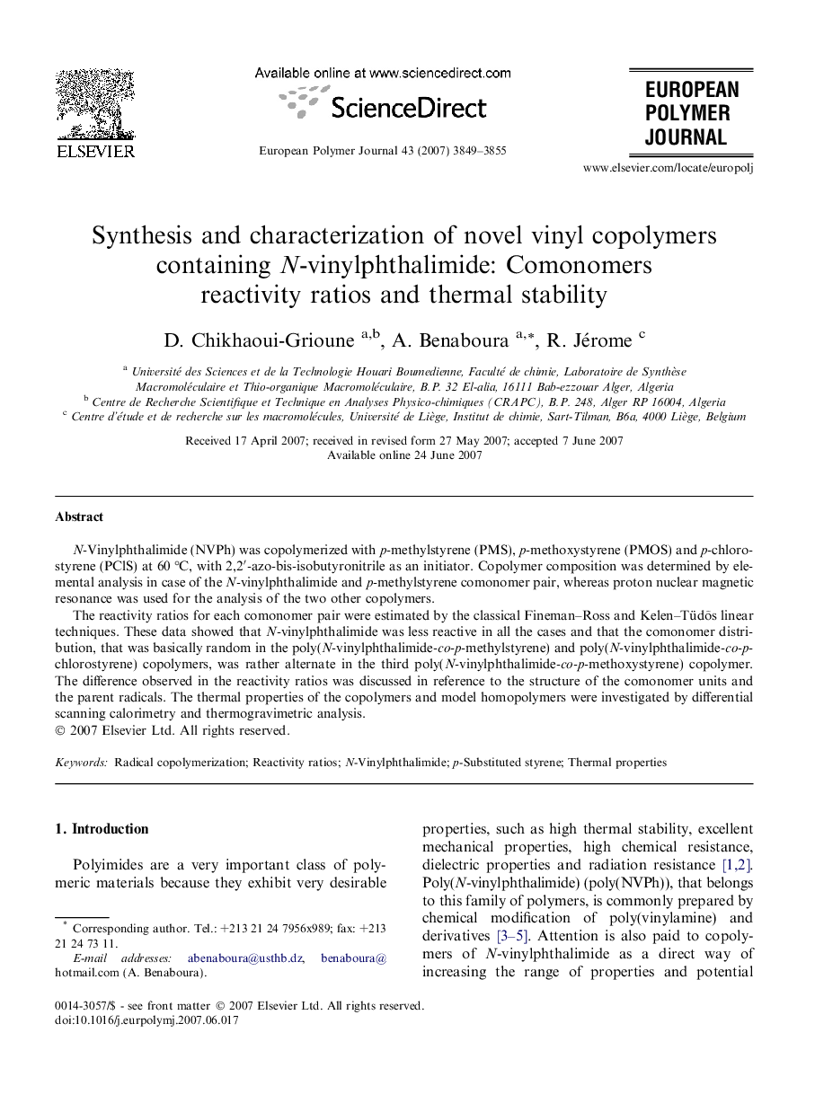 Synthesis and characterization of novel vinyl copolymers containing N-vinylphthalimide: Comonomers reactivity ratios and thermal stability