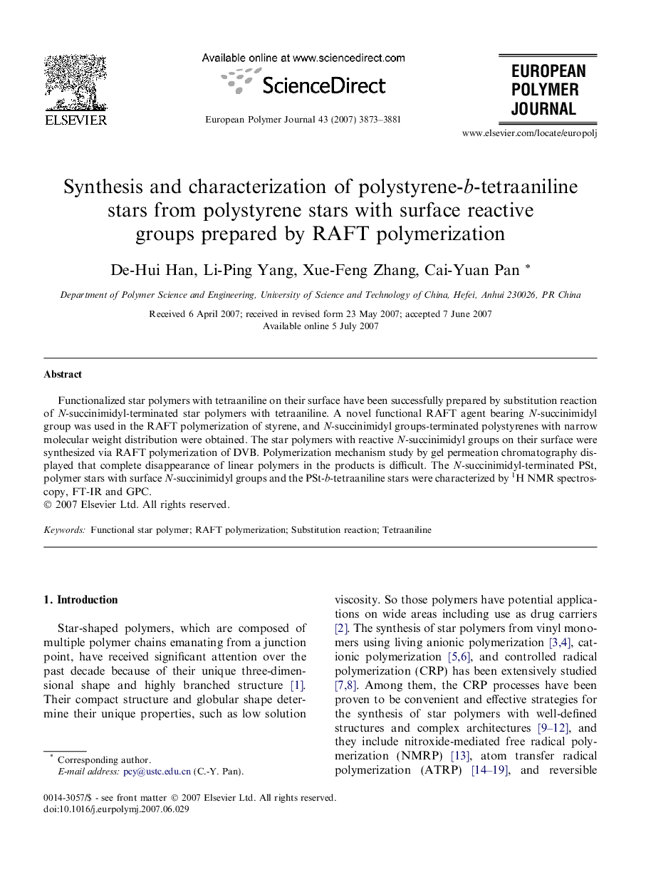 عکس صفحه اول مقاله: Synthesis and characterization of polystyrene-b-tetraaniline stars from polystyrene stars with surface reactive groups prepared by RAFT polymerization Synthesis and characterization of polystyrene-b-tetraaniline stars from polystyrene stars with surface reactive groups prepared by RAFT polymerization