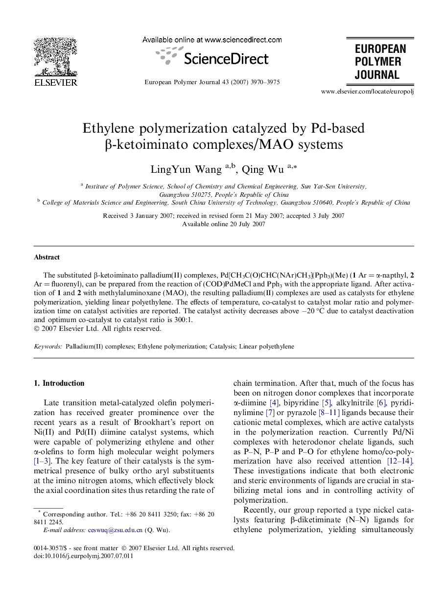 Ethylene polymerization catalyzed by Pd-based Î²-ketoiminato complexes/MAO systems