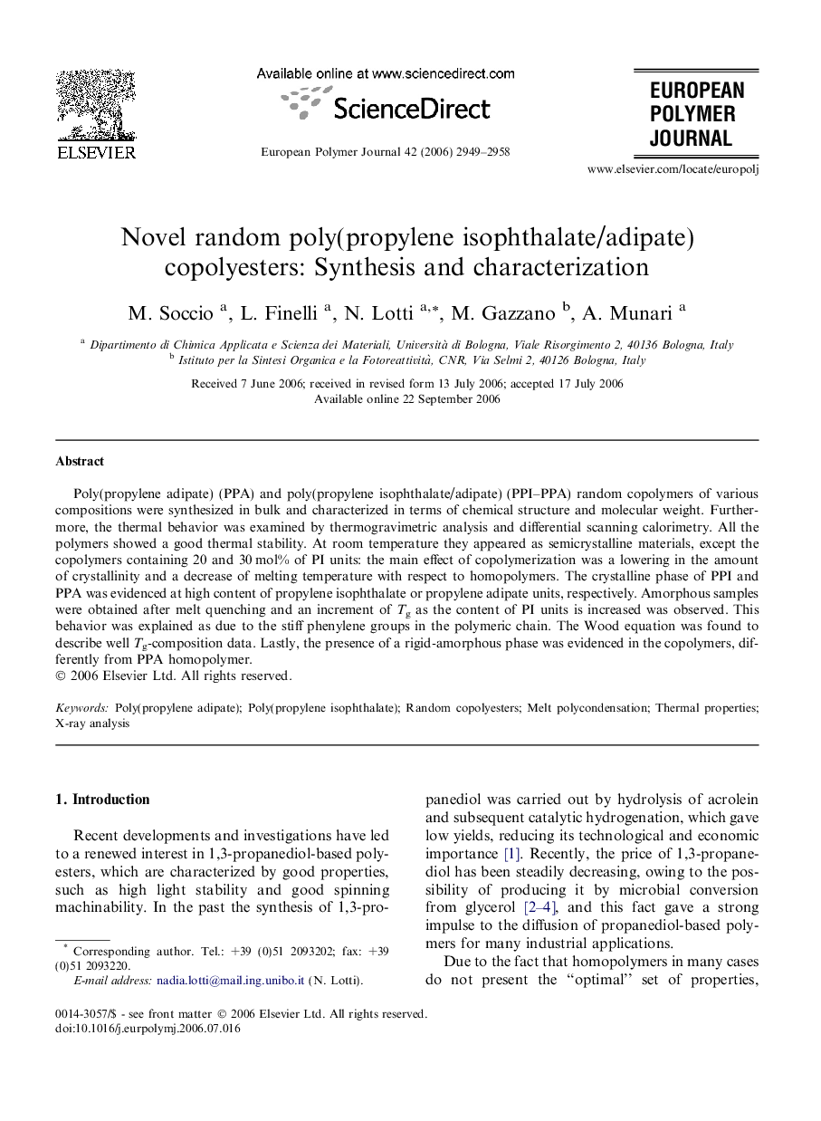 Novel random poly(propylene isophthalate/adipate) copolyesters: Synthesis and characterization