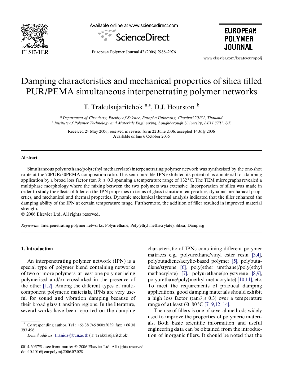 Damping characteristics and mechanical properties of silica filled PUR/PEMA simultaneous interpenetrating polymer networks