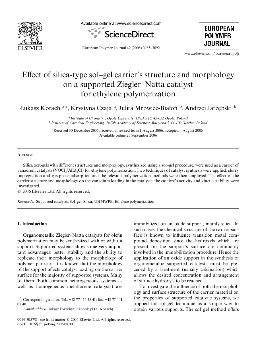 Effect of silica-type sol-gel carrier's structure and morphology on a supported Ziegler-Natta catalyst for ethylene polymerization