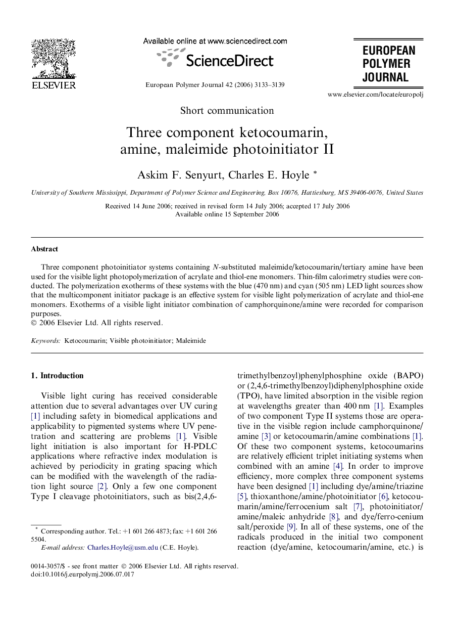 Three component ketocoumarin, amine, maleimide photoinitiator II