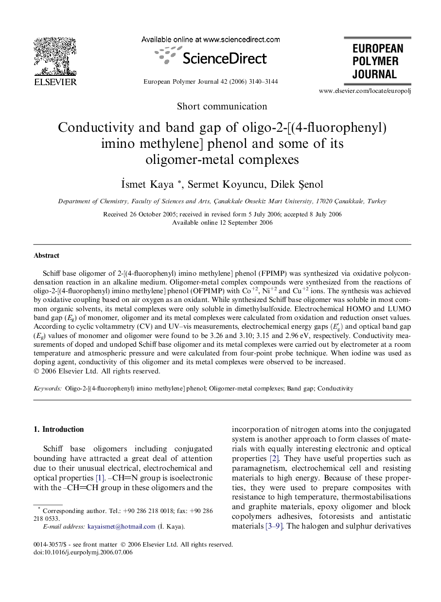 Conductivity and band gap of oligo-2-[(4-fluorophenyl) imino methylene] phenol and some of its oligomer-metal complexes