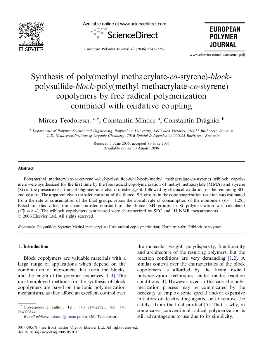 Synthesis of poly(methyl methacrylate-co-styrene)-block-polysulfide-block-poly(methyl methacrylate-co-styrene) copolymers by free radical polymerization combined with oxidative coupling