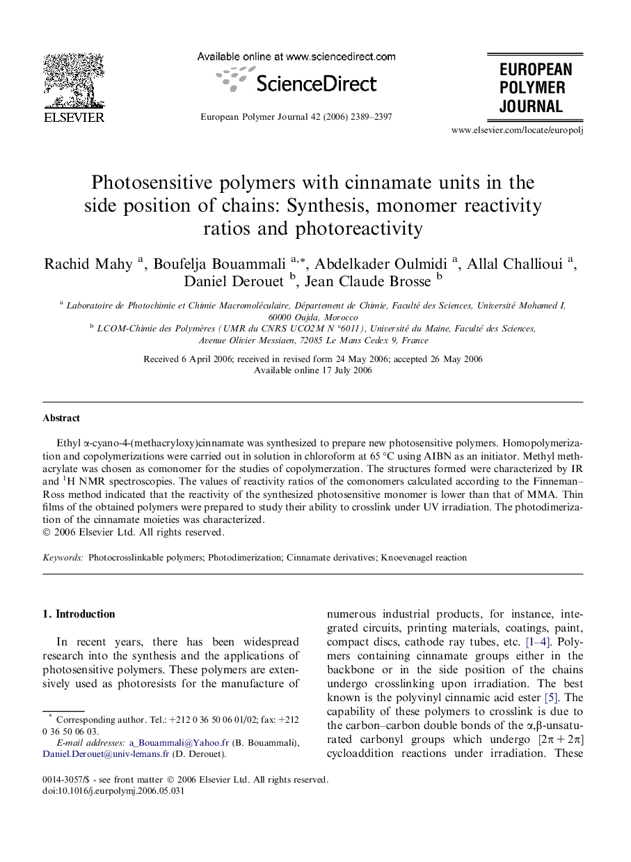 Photosensitive polymers with cinnamate units in the side position of chains: Synthesis, monomer reactivity ratios and photoreactivity