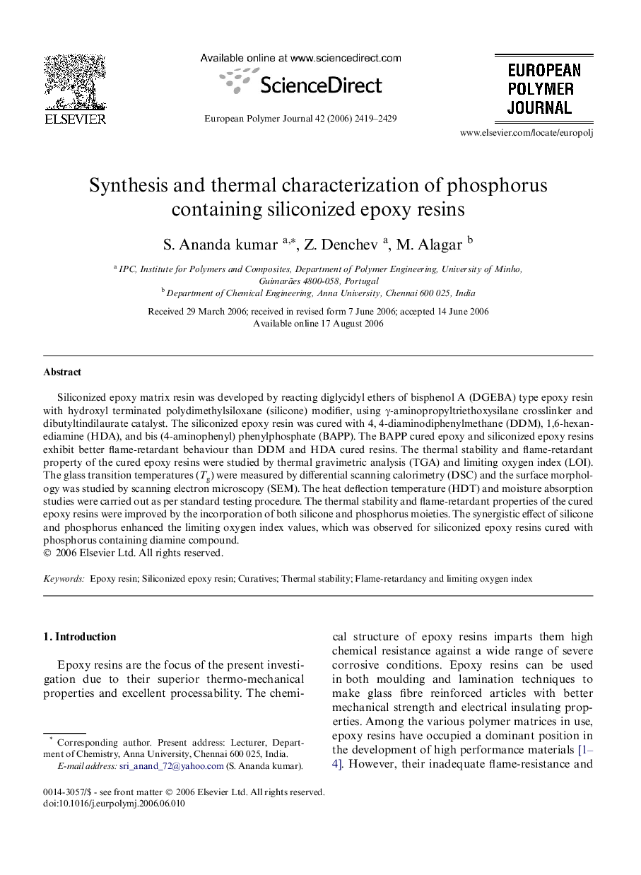 Synthesis and thermal characterization of phosphorus containing siliconized epoxy resins