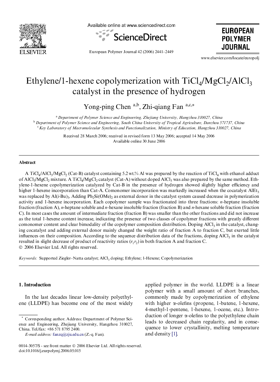 Ethylene/1-hexene copolymerization with TiCl4/MgCl2/AlCl3 catalyst in the presence of hydrogen